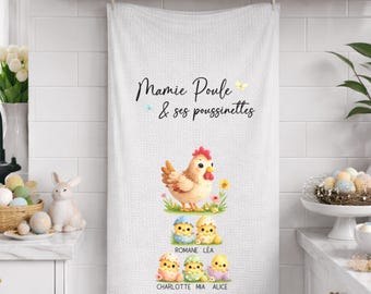 Personalized Easter tea towel | Personalized hen and chicks | Personalized gift for grandma | Easter kitchen decoration