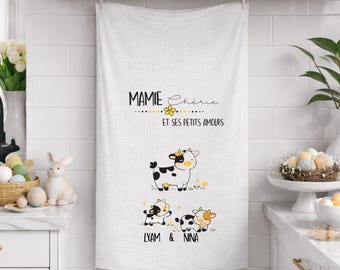 Personalized cow family tea towel | Grandma and Grandpa gift | Original family gift | Personalized kitchen