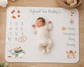Personalized baby milestone mat – birth photo cover – original gift – named milestone mat – "Plouf et Compagnie" Collection