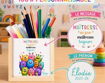 Personalized pencil holder for teacher, End-of-year gift for teacher, teaching assistant, nanny, personalized wooden holder for teacher's desk
