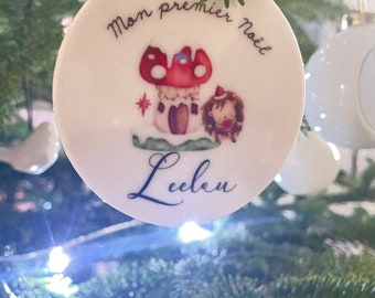 Christmas ball to personalize in ceramic first name, first Christmas hedgehog model