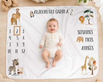Personalized baby milestone mat – newborn photo cover – original gift – named milestone mat – "My Little Zoo" Collection