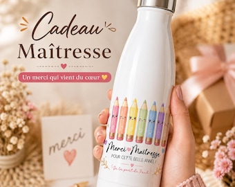 Gourde personnalisée maîtresse | Cadeau fin d’année scolaire | ATSEM nounou maître AESH | Bouteille isotherme prénom