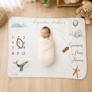 Personalized baby milestone mat, birth photo cover – original gift – personalized milestone mat with name – "Les copains du grand bleu" collection