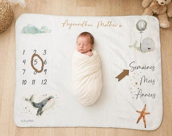 Tapis étapes bébé personnalisé Couverture photo naissance – cadeau original – milestone mat prénom -  collection "Les copains du grand bleu"