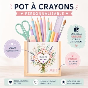 May include: A wooden pencil holder with a floral design and the name "Juliette". The holder is filled with colorful pencils, scissors, a ruler, and a paintbrush. Text on the image reads "Personalizable" and "A unique and thoughtful gift!"