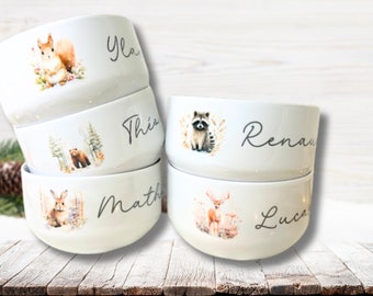 Personalized bowl, customizable bowl with first name, first name bowl, personalized gift, winter forest animals model