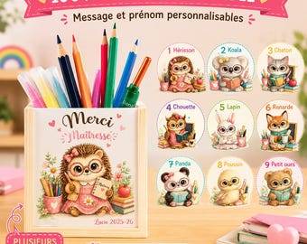 Personalized pencil holder for teacher, End-of-year gift for teacher, teaching assistant, nanny, Personalized wooden teacher gift