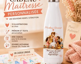 Personalized teacher water bottle with emotional message | End-of-school-year gift | Personalized teacher gift | Insulated water bottle with child's name