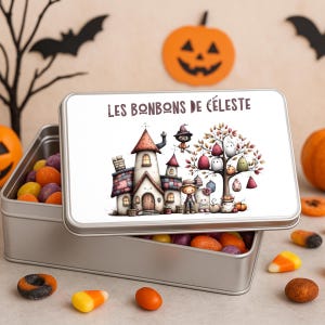 Personalized Cookie Tin, Halloween Metal Candy Tin, Personalized Halloween Gift