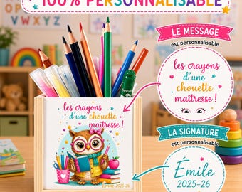 Personalized pencil holder for teacher, End-of-year gift for teacher, teaching assistant, nanny, personalized wooden holder for teacher's desk