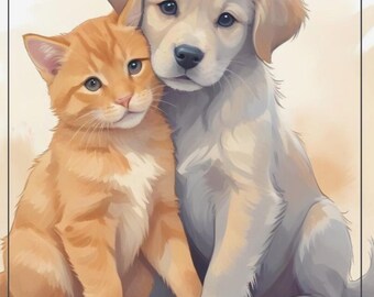 May include: A digital illustration of a golden retriever puppy and an orange tabby kitten cuddling. The image has text at the top that reads "I NOSTRI AMICI A 4 ZAMPE" and text at the bottom that reads "Disegni da colorare per tutte le età".