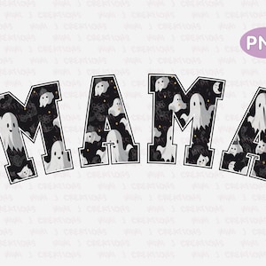 May include: A Halloween-themed graphic with the word "MAMA" in large, black letters. Each letter is filled with a pattern of white ghosts, bats, and moons on a black background. The letters have a white outline.