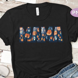 May include: Black t-shirt with the word "MAMA" spelled out in a pattern of orange and white jack-o'-lantern faces.