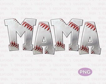 Może przedstawiać: Biała grafika ze słowem "MAMA" w dużych, pogrubionych literach. Litery są obwiedzione srebrem i mają fakturę baseballu z czerwonymi szwami.