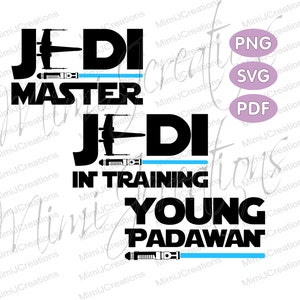 Op de afbeelding: Zwarte en blauwe tekstgrafiek met de woorden "Jedi Master" en "Jedi in Training Young Padawan". De grafiek bevat een silhouet van een ruimteschip en een lightsaber.
