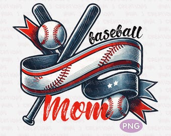 Może przedstawiać: Wstążka w kolorze czerwonym, białym i niebieskim z motywem baseballowym z napisem "mom" i tekstem "baseball". Na wstążce znajdują się dwie piłki baseballowe i dwie skrzyżowane pałki.