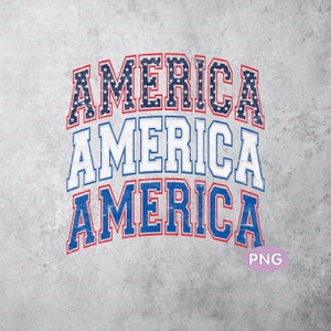 May include: Three stacked images of the word "America" in a vintage, distressed font. The letters are outlined in red and blue, and the background is filled with white stars on a blue field, resembling the American flag.