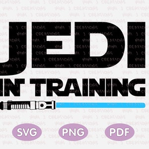 May include: Black and white text that reads "Jedi in Training" with a blue lightsaber underneath. The text is surrounded by a white background with the words "Mimi J Creations" repeated in a smaller font.