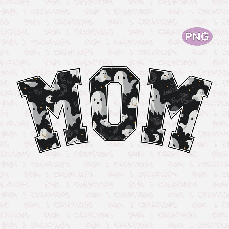 May include: Black and white graphic of the word "MOM" with a ghost pattern. The ghosts are white with black eyes and mouths. The background is black.
