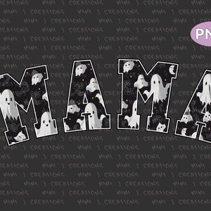 May include: A Halloween-themed graphic featuring the word "MAMA" in large, block letters. The letters are white with a black and white ghost pattern. The background is dark gray with a repeating pattern of text.