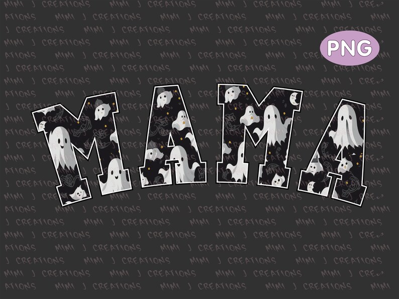 May include: A Halloween-themed graphic featuring the word "MAMA" in large, block letters. The letters are white with a black and white ghost pattern. The background is dark gray with a repeating pattern of text.