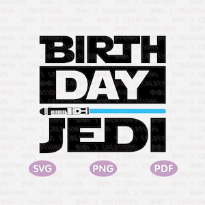 May include: Black and white text graphic design with the words "Birthday Jedi" and a blue lightsaber. The text is in a bold, blocky font. The graphic is suitable for a birthday card or party decoration.