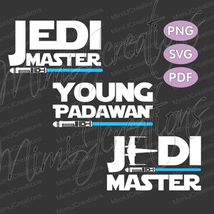 Op de afbeelding: Een digitaal ontwerp met de tekst "Jedi Master" en "Young Padawan" met lightsaber-graphics. Het ontwerp bevat ook de tekst "Jedi Master" met een Star Wars ruimteschip-graphic. Het ontwerp is beschikbaar in PNG, SVG en PDF-formaten.