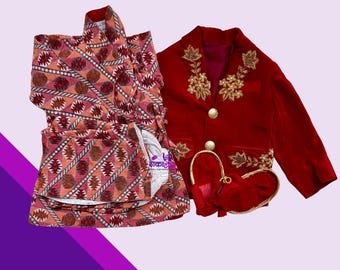 Conjunto tradicional nepalí Pasni para bebé - Dhaka Daura Suruwal con abrigo rojo bordado