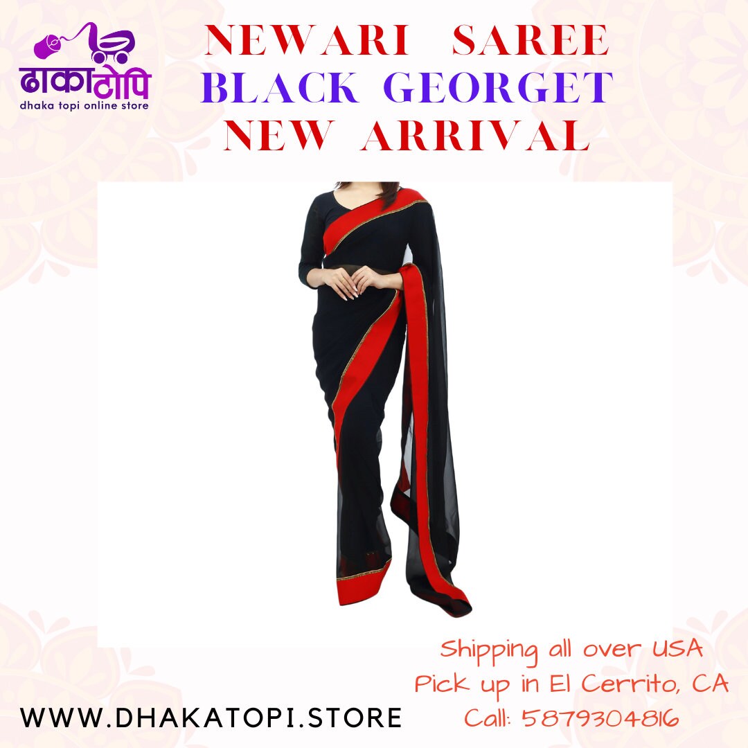 Newari Dress Sari Black Georget With Red Haku Patashi Border Saree