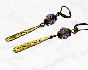 Purple Brass Dangle Earrings - Czech Glass Earrings - Long Earrings - Gift for Women