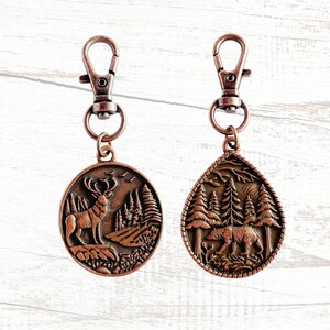 Antique Copper Deer or Bear Key Fob: Bag Charm, Zipper Pull