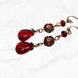 Long Cherry Red Dangle Earrings in Copper - Handmade Boho Flower Earrings - Czech Glass Earrings - Gift for Her