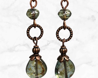 Green Woodland Earrings with a Fresh Earthy Finish - Long Teardrop Earrings - Trendy - Czech Glass Beads