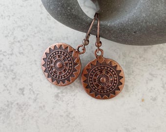 Copper Boho Floral Disc Earrings: Mandala Jewlery