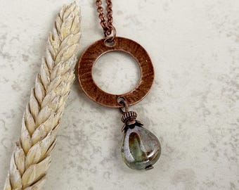 Czech Glass Teardrop Pendant: Earthy Green Necklace, Boho Cottagecore Jewelry