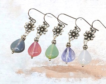 Boho Beaded Teardrop Earrings - Czech Glass Beads - Lavender, Pink, Sage Green, Opal White, Dove Grey, Black - Silver Flower Hooks