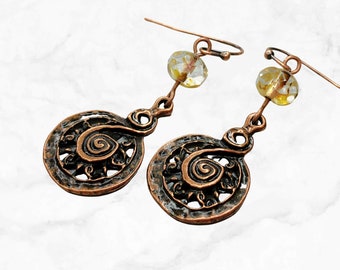 Handmade Ethnic Copper Boho Dangle Earrings with Czech Glass Beads