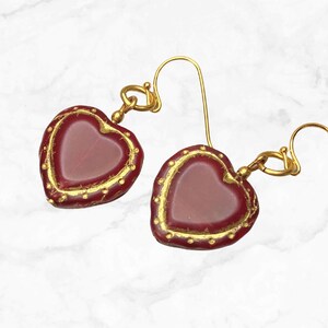 Handmade Red Glass Heart Earrings with Golden Details Perfect Valentine's Day Gift image 5