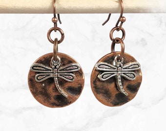 Dragonfly Earrings in Antique Copper and Silver - Mixed Metal Jewelry - Cute Bohemian Dangle Earrings - Trendy Gift for Her