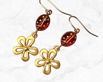 Gorgeous Gold Daisy Dangle Earrings with Red Ladybug Beads - Handmade Czech Glass Earrings
