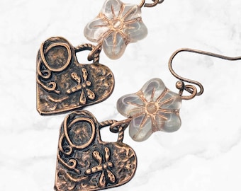 Copper Heart Earrings with Clear Czech Glass Flower Beads - Gift for Her - Cottagecore Jewelry