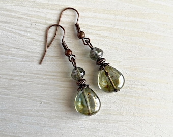 Earthy Green Woodland Dangle Earrings - Boho Czech Glass Teardrop Earrings - Trending Now