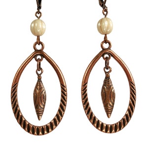 Antiqued Copper Hoop Bohemian Earrings Ivory Bead - Boho Statement Earrings - Jewelry Gift for Her