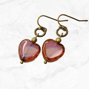 Pink Heart Shaped Glass Earrings - Cottagecore Statement - Romantic Gift for Girlfriend, Wife