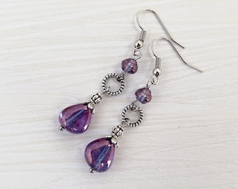 Long Purple Boho Earrings: Beaded Earrings in Silver