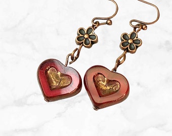 Handmade Red Heart Earrings with Czech Glass Beads - Unique Boho Jewelry for Women - Gift for Her