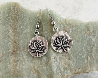 Silver Lotus Flower Earrings: Boho Charm Drop Earrings