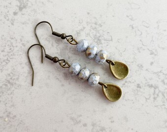 Patina Blue Boho Earrings: Gold Splashed Czech Glass Beads