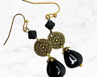 Black Glass Bead Teardrop Dangle Earrings in Brass - Czech Glass Beads - Bohemian Earrings
